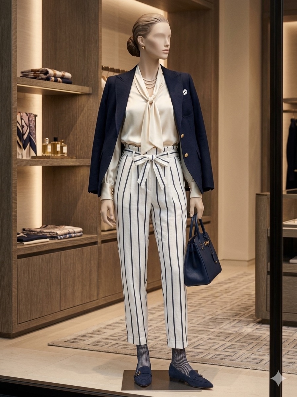 Striped High-Waist Tie-Waist Pants in‎ White and gray
